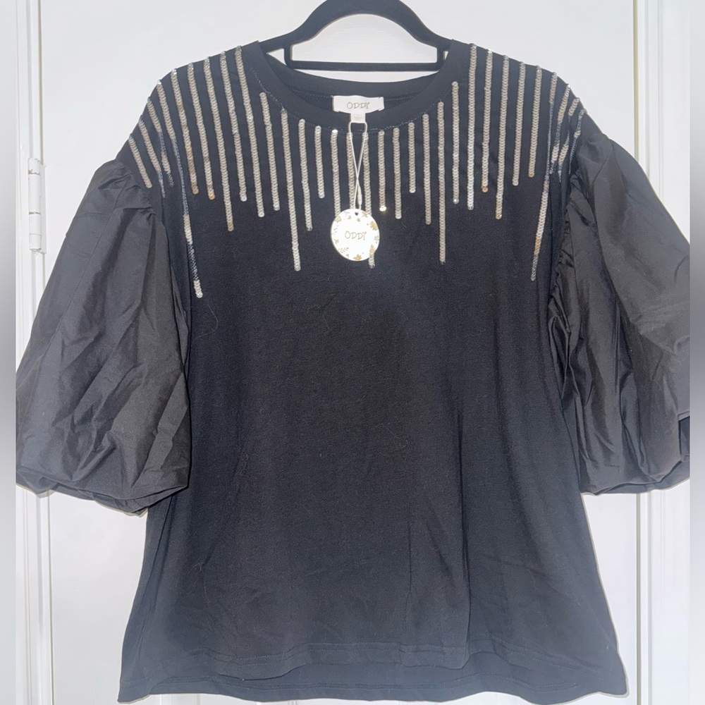 NWT ODDY Black Puff Sleeve Blouse with Silver Accents
